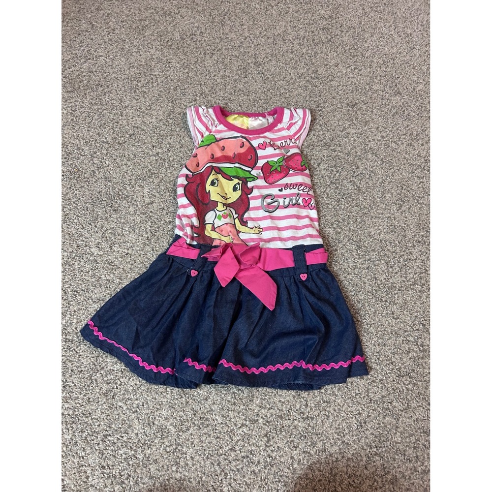 Strawberry Shortcake Girls Pink Striped Denim Skirt Dress Size 2T Cap Sleeve